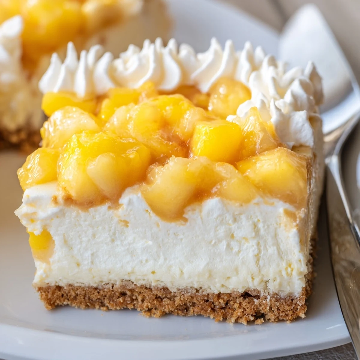 Creamy Peaches and Cream Cheesecake Bars with golden peach slices on a buttery graham crust