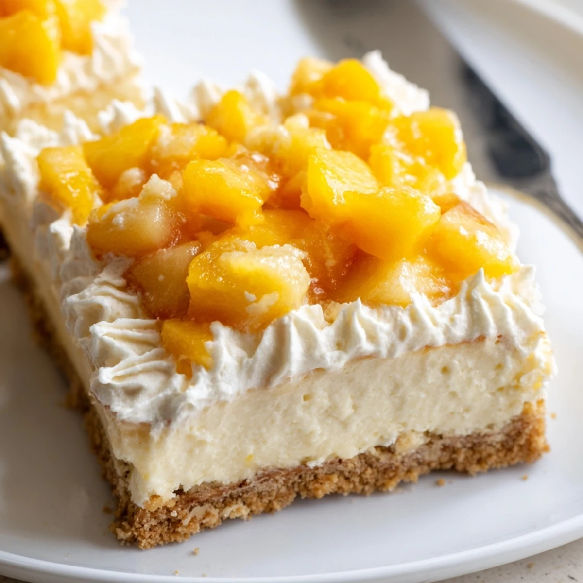 Luscious Peaches and Cream Cheesecake Bars topped with juicy peach chunks and whipped cream drizzle