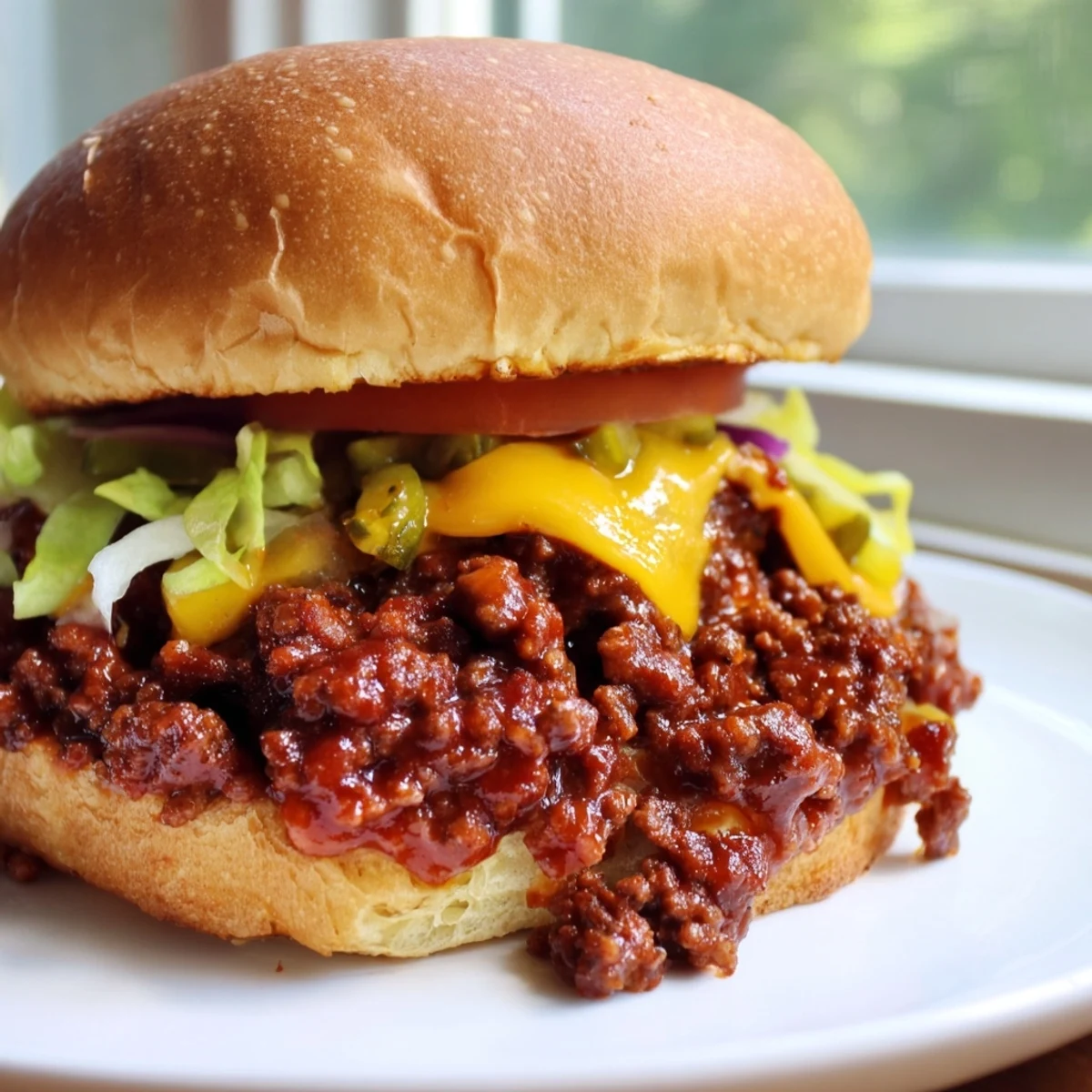 Juicy smash burger sloppy joes piled on a golden toasted bun with melted cheddar cheese