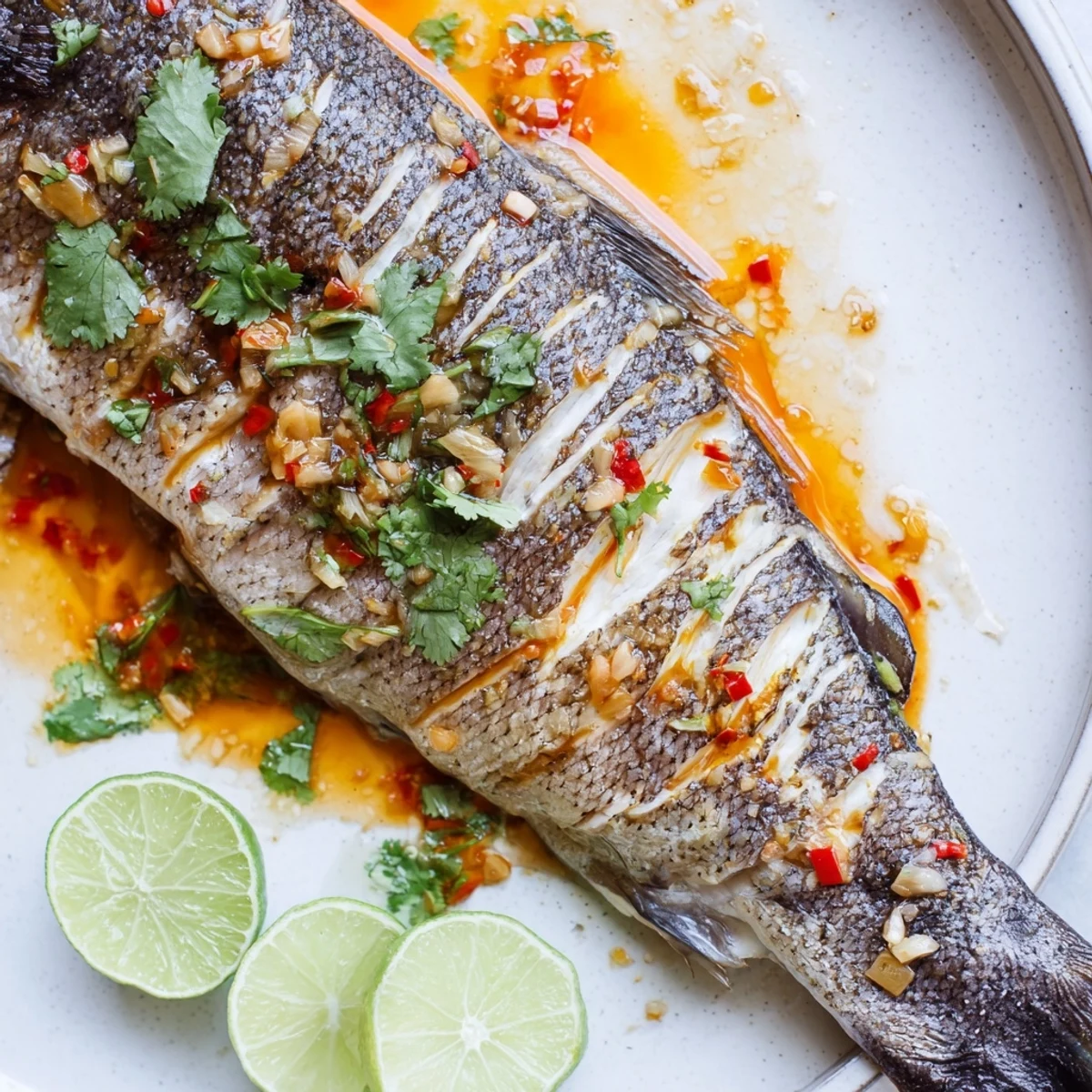 Golden chili lime baked trout garnished with fresh cilantro and lime wedges on a white platter