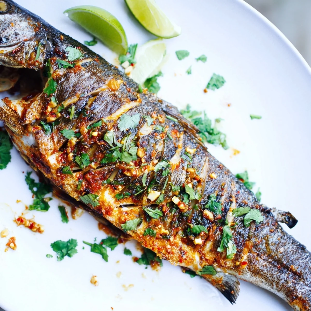 Close-up of chili lime baked trout with crispy skin flaking apart on a serving plate
