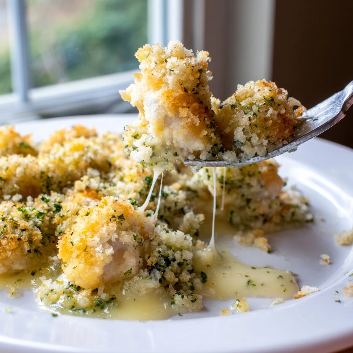 Golden crispy Chicken Kiev Casserole bubbling with garlicky herb butter sauce in a baking dish