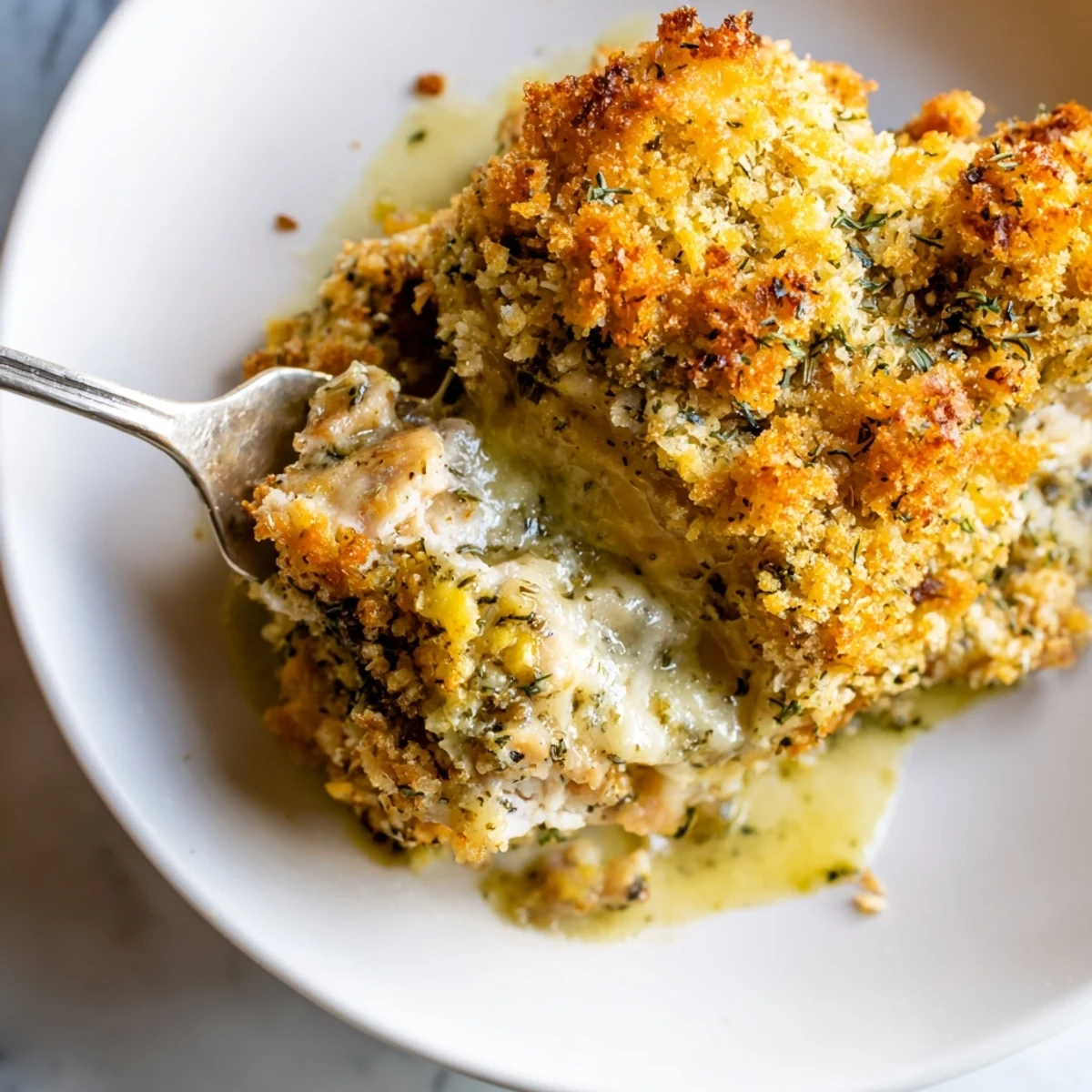 Creamy Chicken Kiev Casserole topped with toasted panko crumbs and fresh parsley garnish