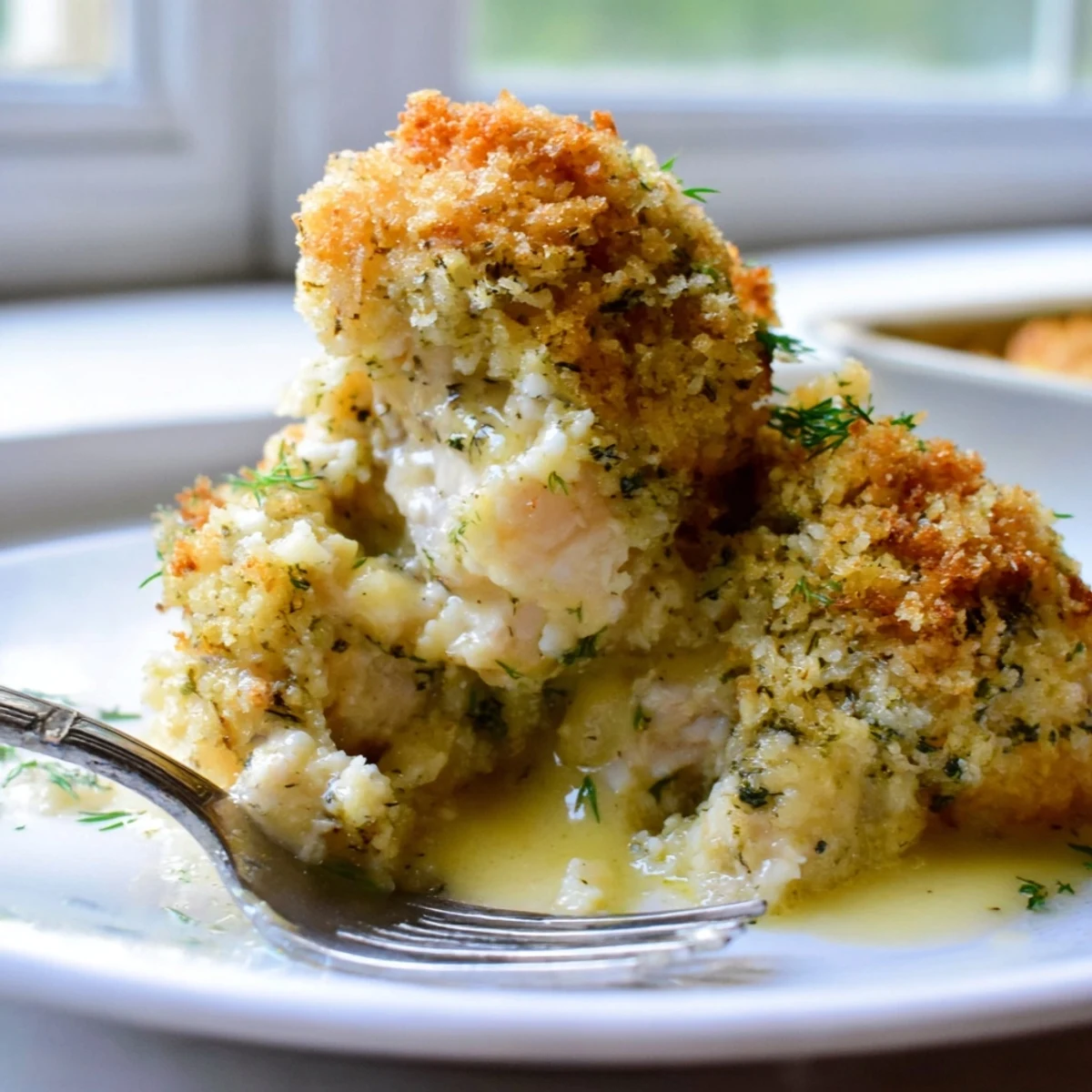 Steaming spoonful of Chicken Kiev Casserole with juicy chicken pieces in rich garlic sauce