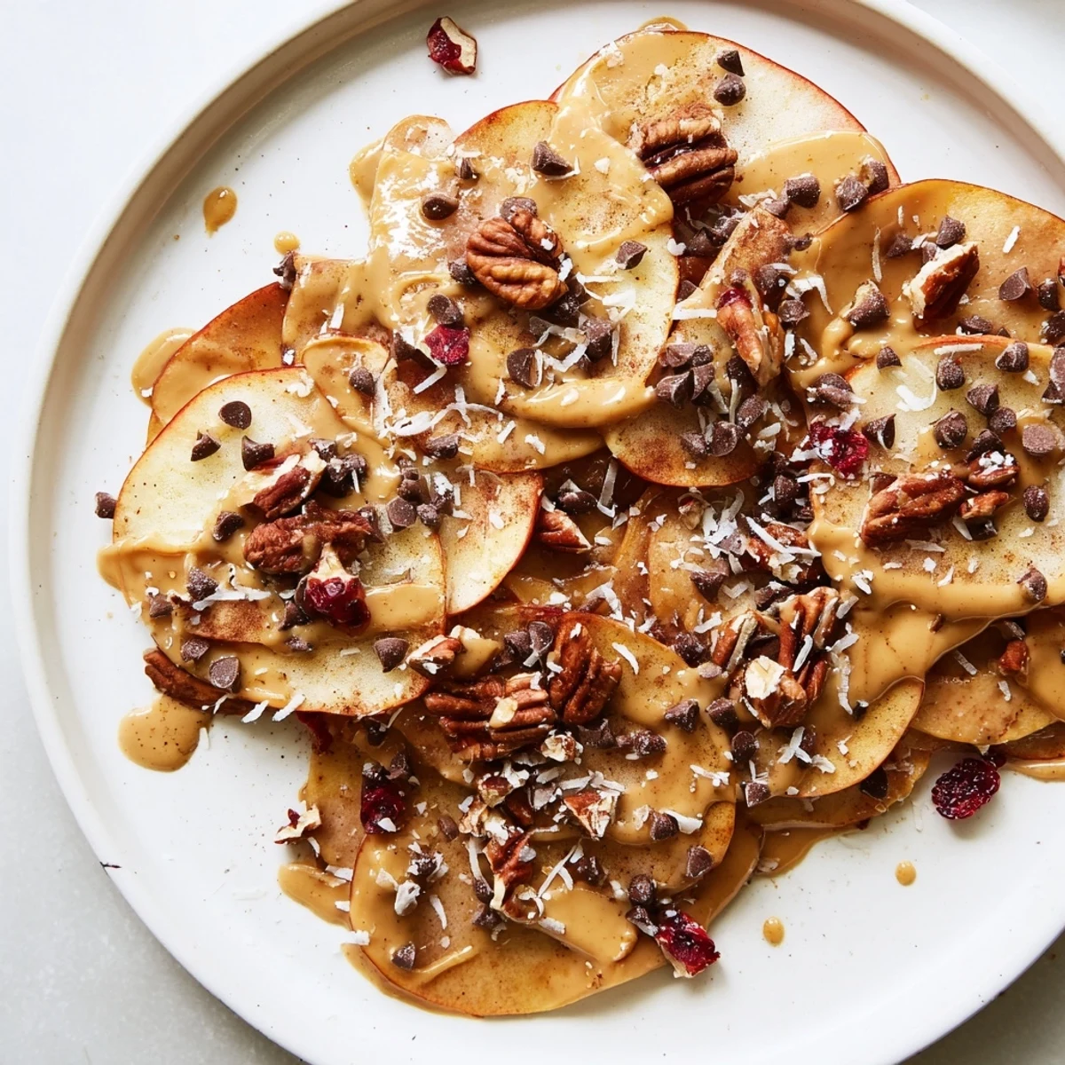 Golden apple slices layered with chocolate chips and warm cinnamon tahini sauce