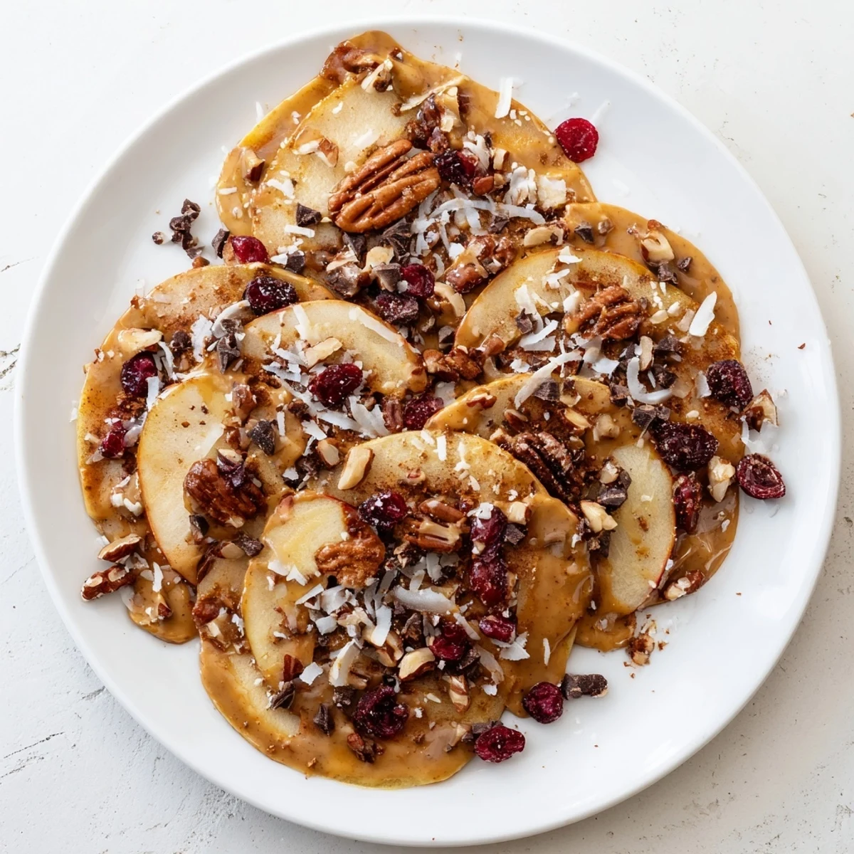 Crispy apple nachos with cinnamon tahini drizzle topped with crunchy nuts and coconut