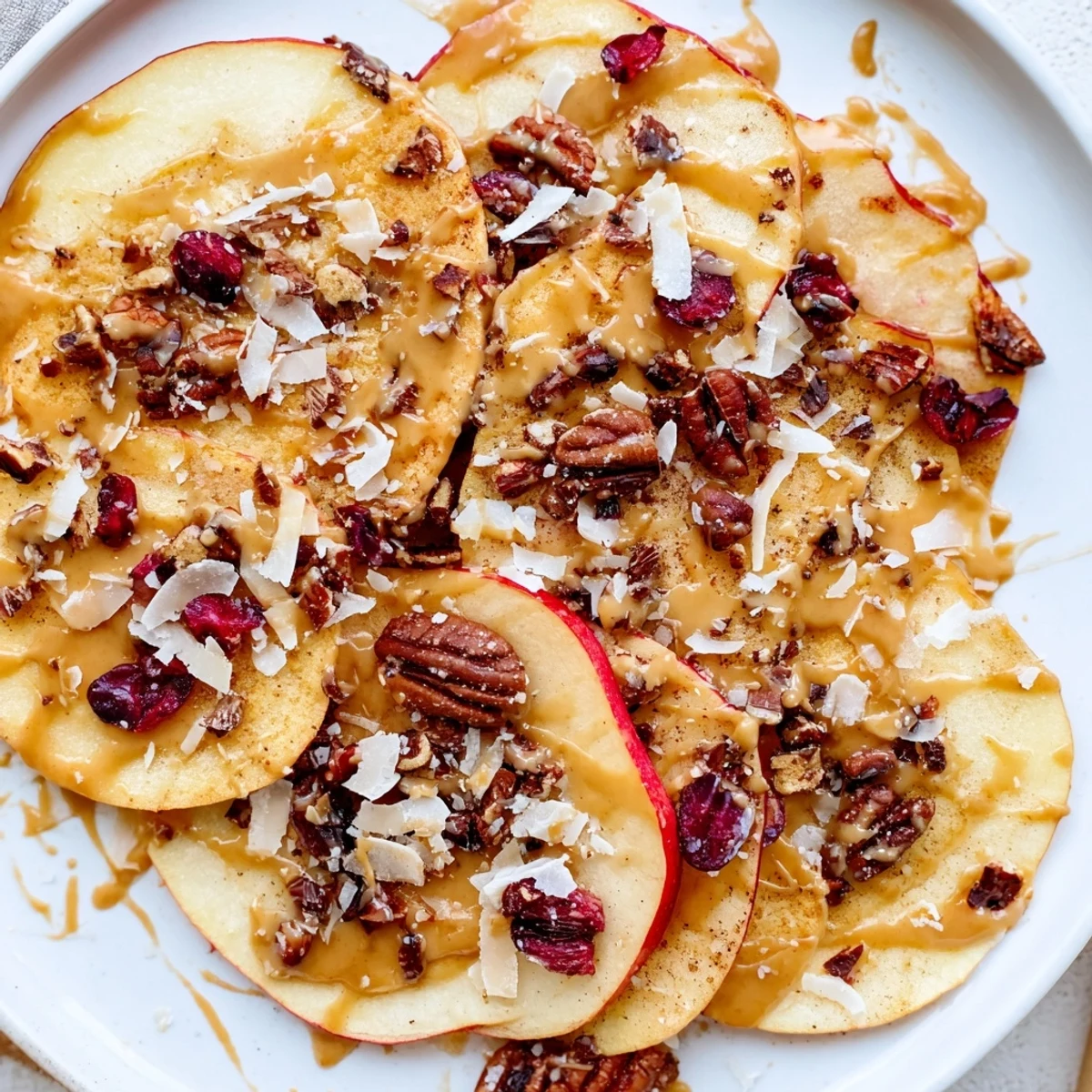 Fresh crisp apple nachos drizzled with spiced tahini and studded with dried cranberries