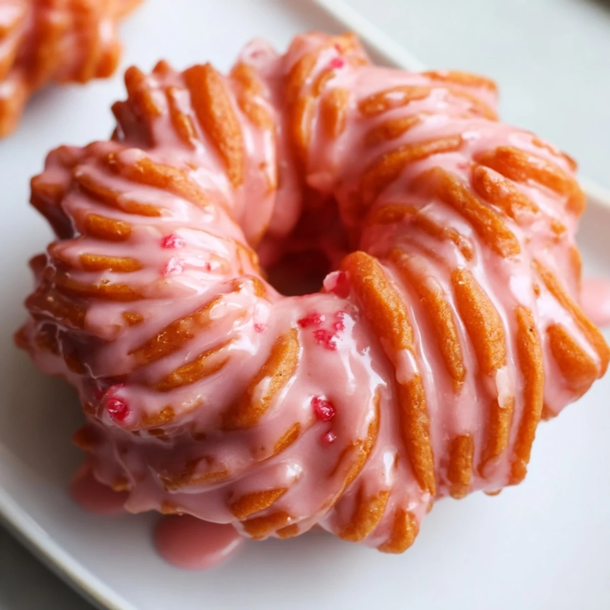 Golden strawberry glazed French crullers with glossy pink icing on a wire rack