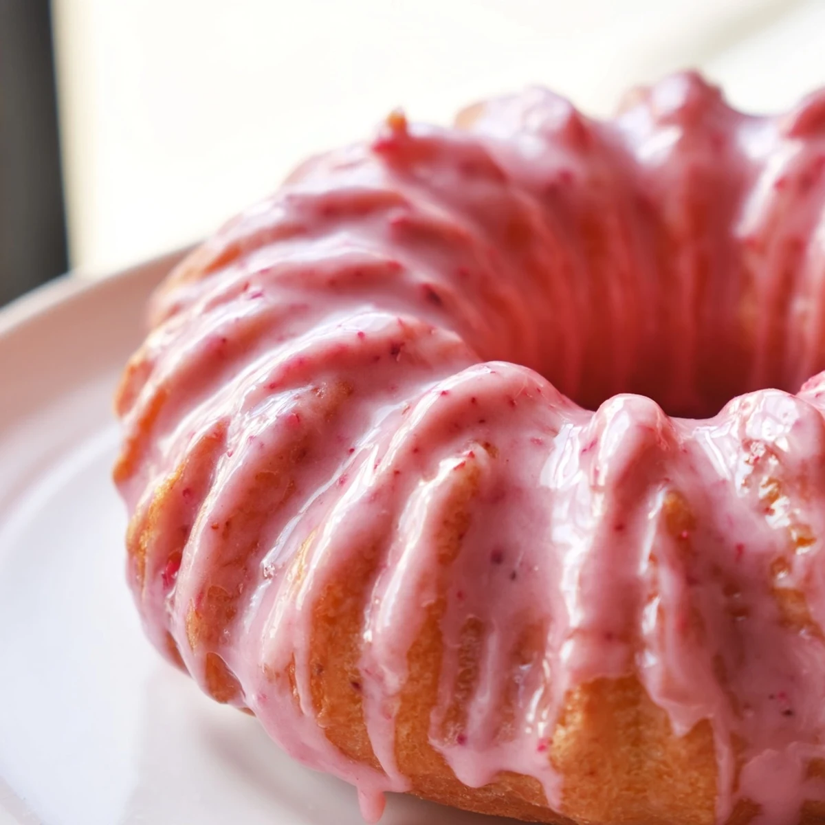Crispy piped strawberry glazed French crullers drizzled with bright berry glaze
