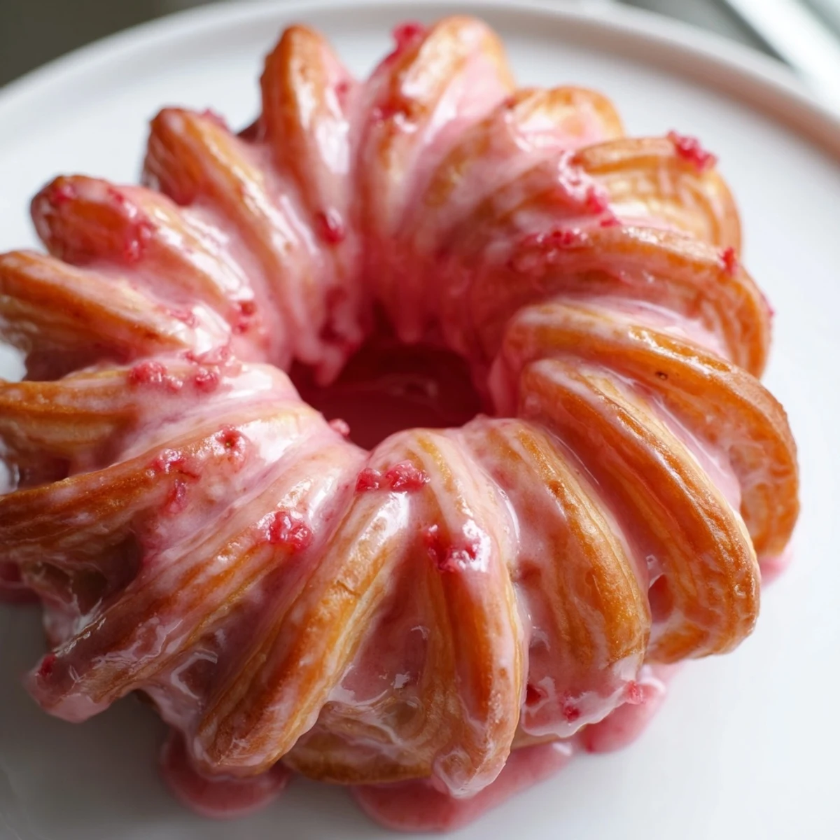 Fluffy strawberry glazed French crullers topped with sweet pink icing ready to serve