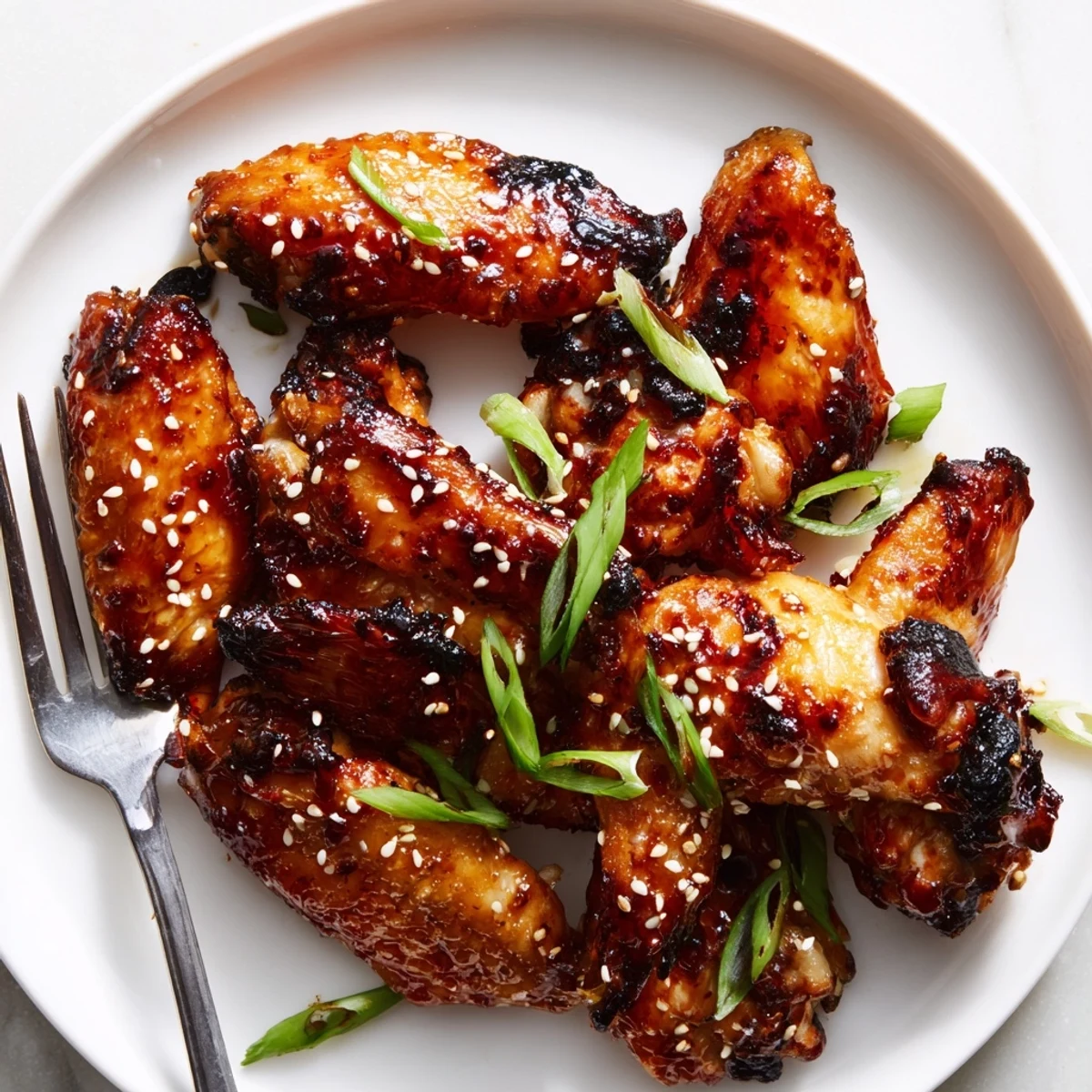 Crispy miso honey marinated chicken wings glazed golden on a parchment-lined baking sheet