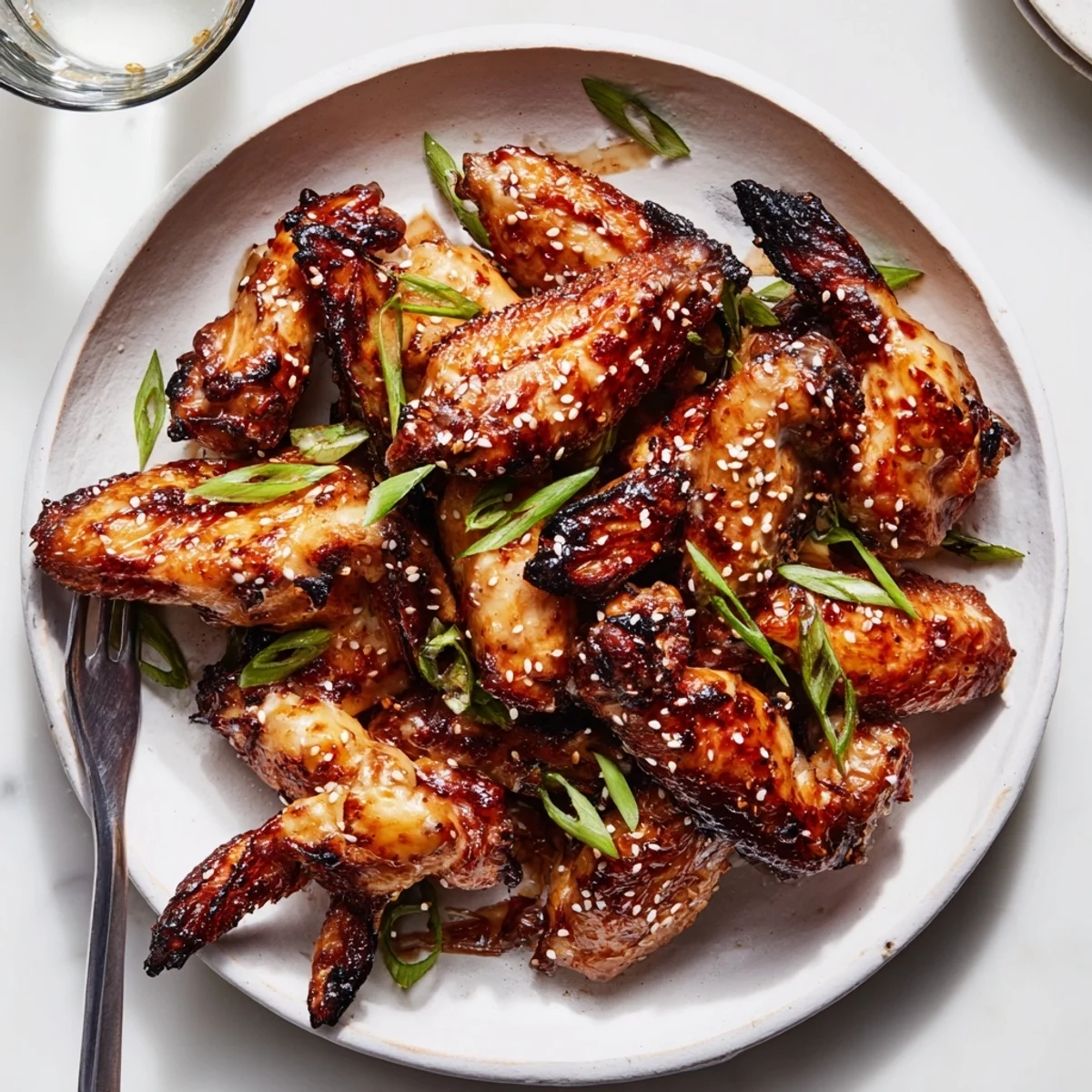 Sticky miso honey marinated chicken wings garnished with sesame seeds and sliced green onions