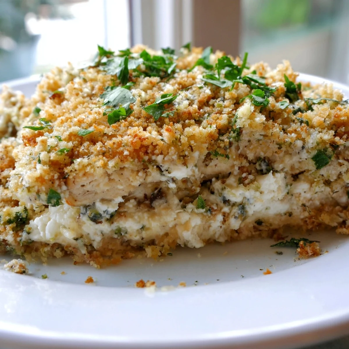 Golden crusted ricotta chicken bake fresh from the oven with bubbling mozzarella topping