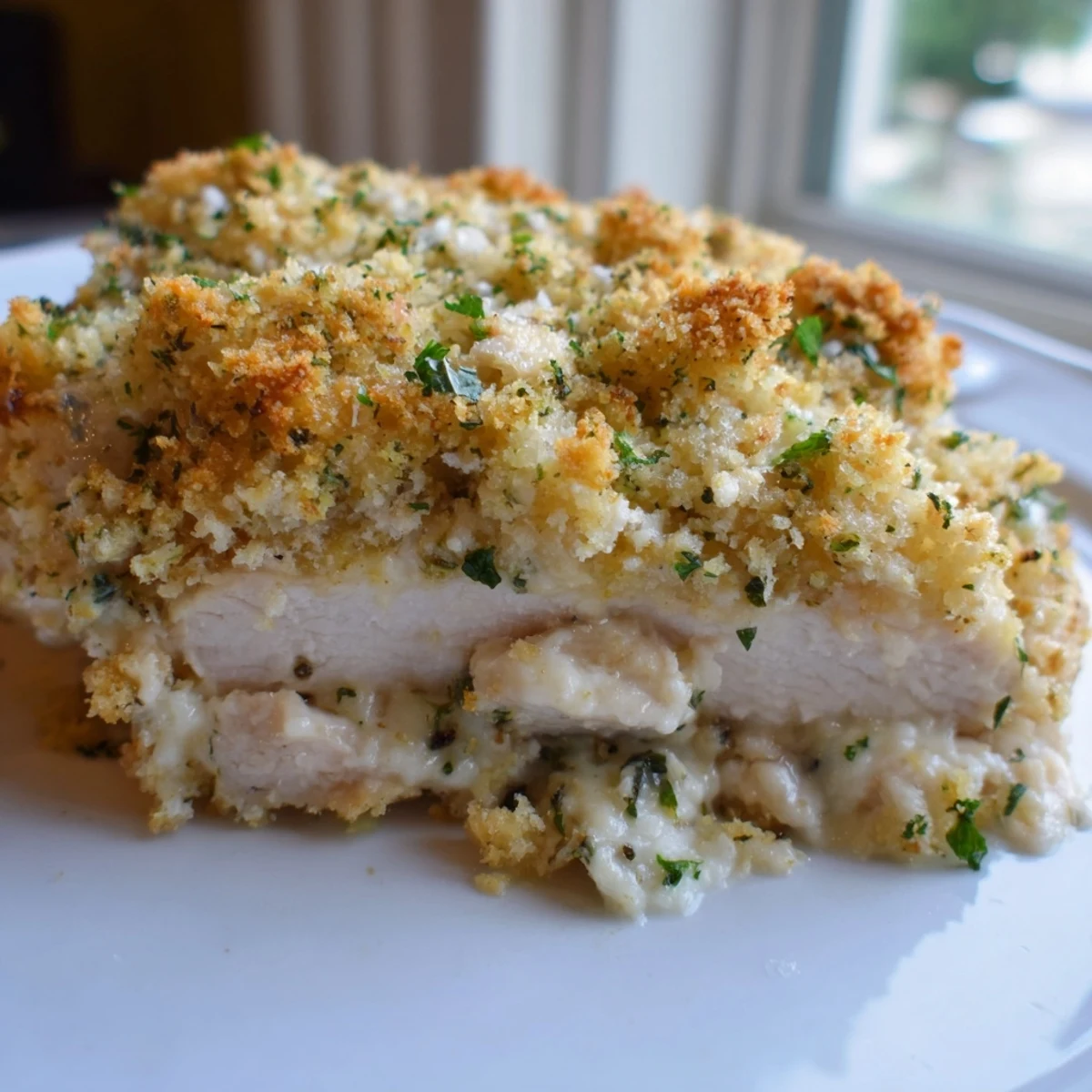 Creamy ricotta chicken bake topped with herb flecked breadcrumbs and melted cheese