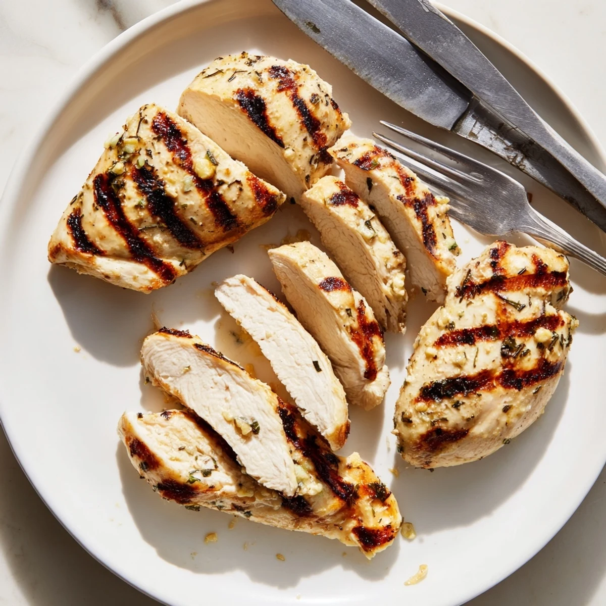 Creamy mayo marinated grilled chicken sliced open revealing tender juicy seasoned meat