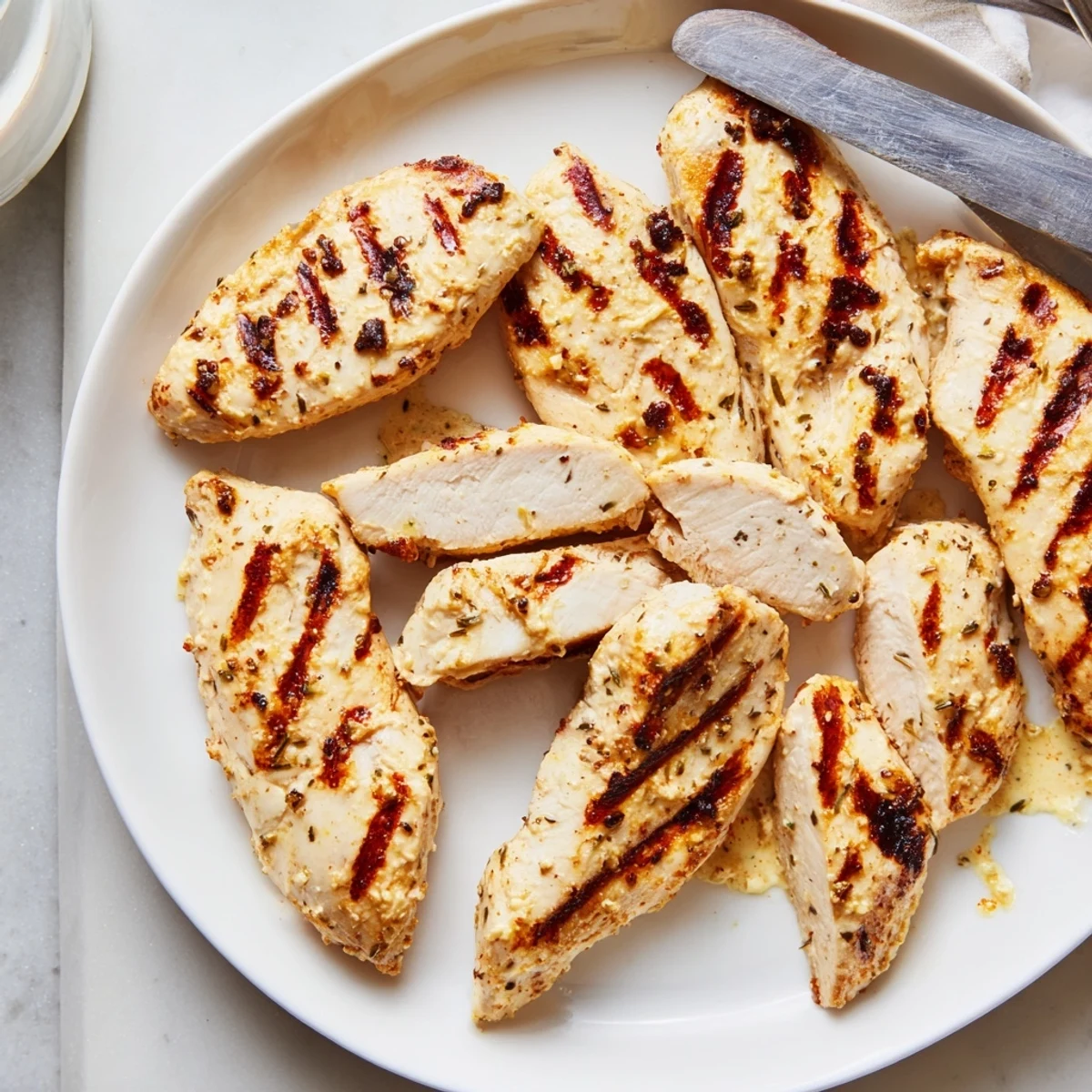 Rustic plate of smoky grilled chicken breasts served alongside roasted summer vegetables