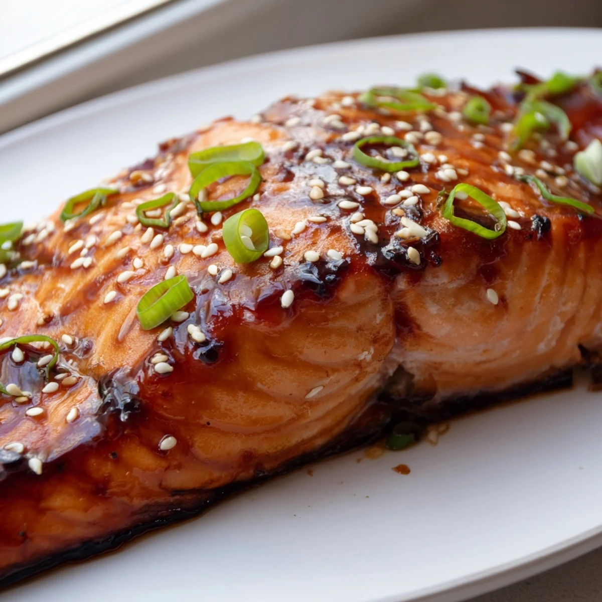 Glistening baked Asian salmon with a caramelized sticky glaze on a parchment-lined baking sheet