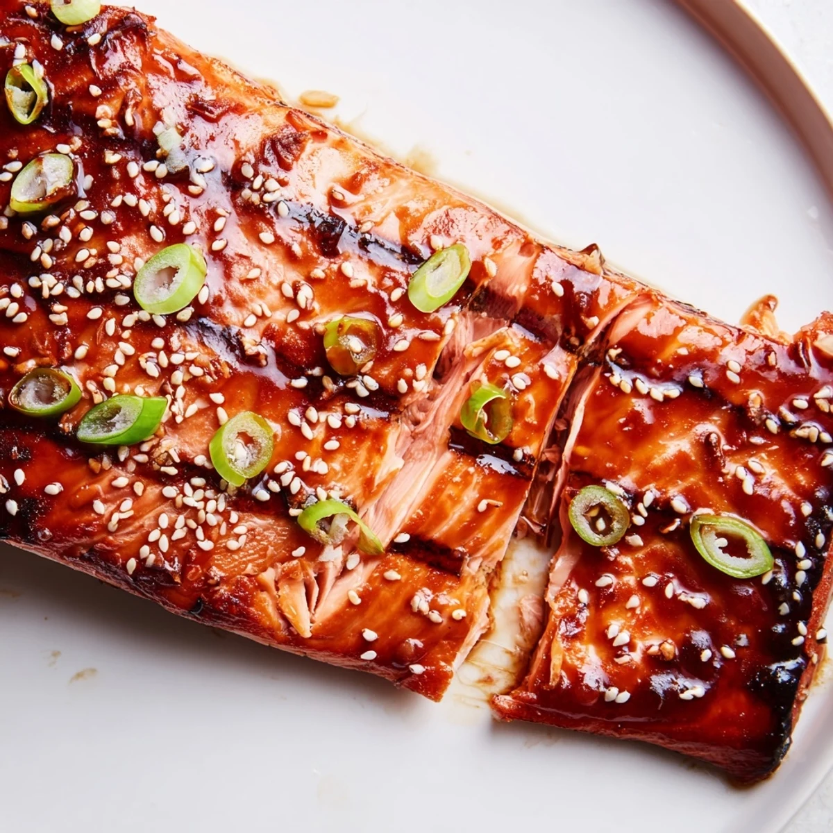 Golden baked Asian salmon fillet topped with sesame seeds and sliced green onions