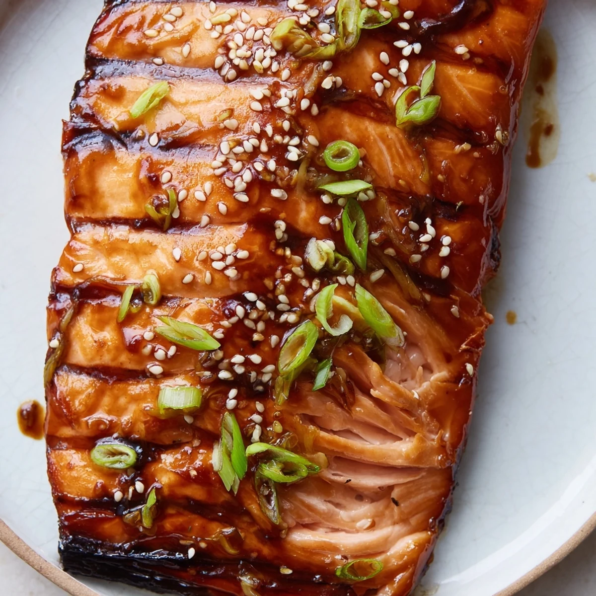Tender flaky baked Asian salmon drizzled with sweet soy glaze served over steamed rice