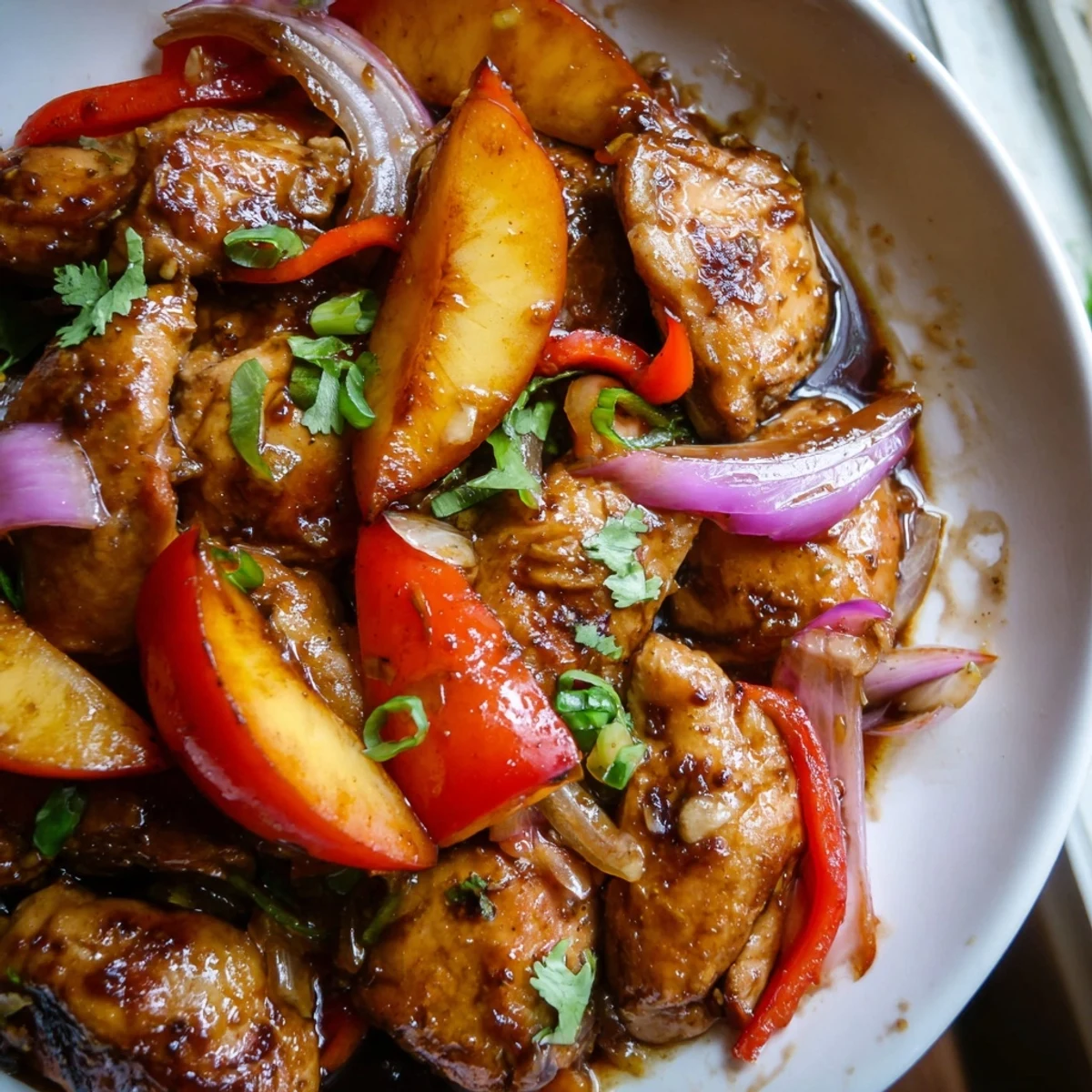 Glossy Thai Peach Chicken with golden peaches and bell pepper over steamed jasmine rice