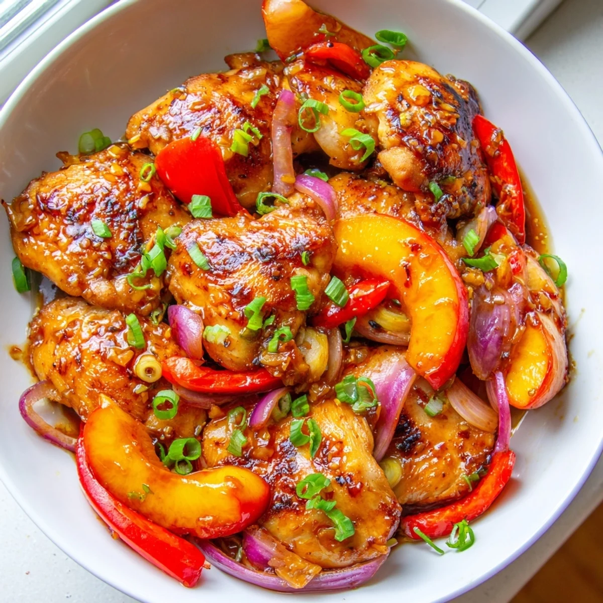 Juicy chicken glazed in sweet chili peach sauce topped with fresh cilantro