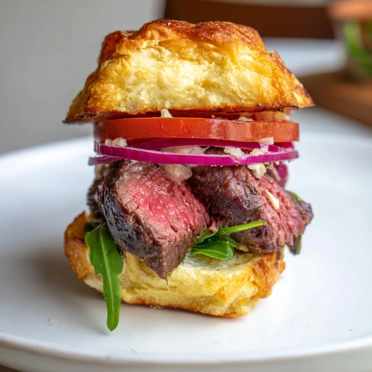 Juicy filet mignon sliders on golden garlic parmesan rolls served with fresh arugula and tomato slices