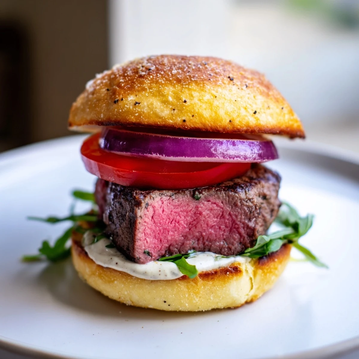 Crispy garlic parmesan rolls holding tender seared filet mignon sliders drizzled with creamy horseradish aioli