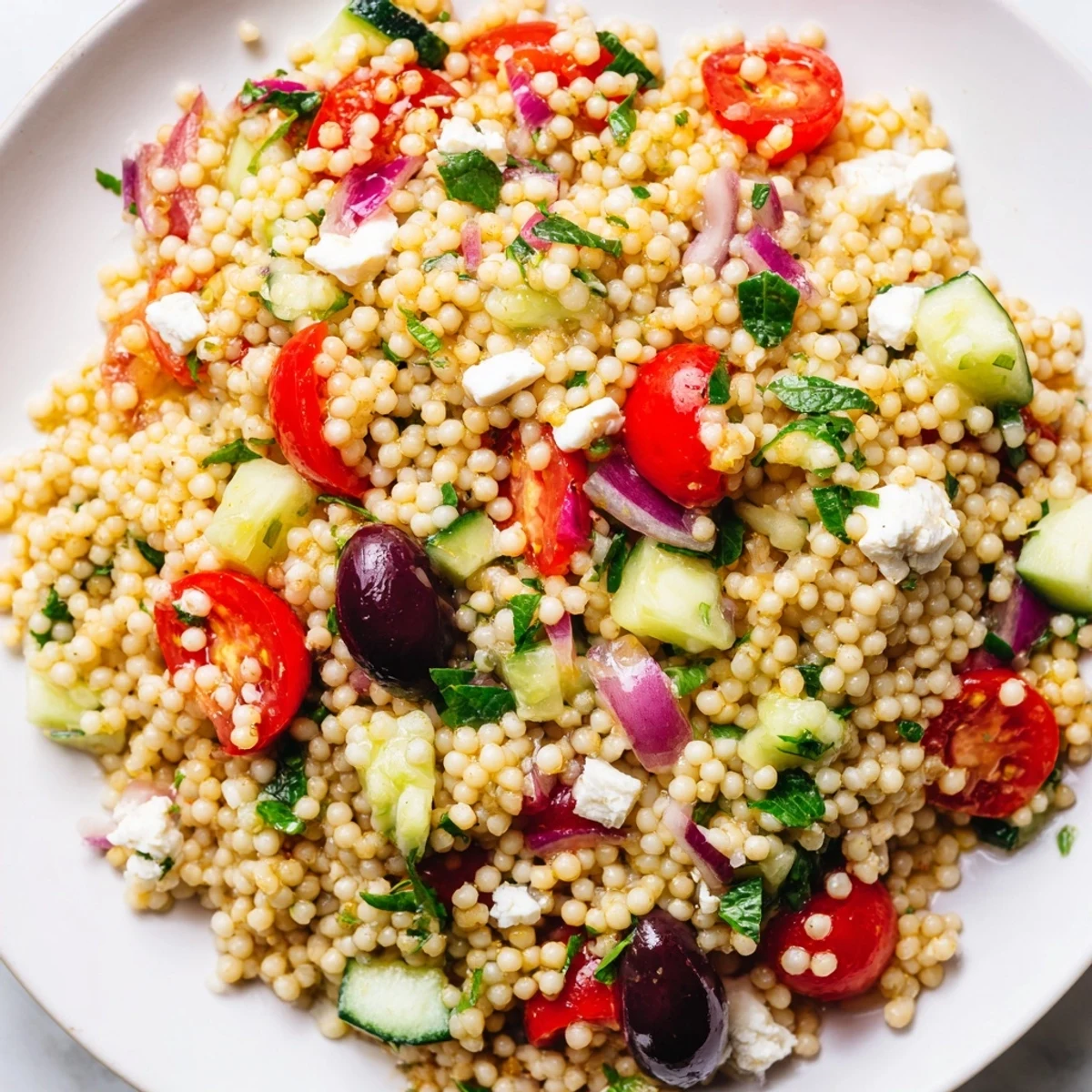 Fluffy Mediterranean couscous salad tossed with colorful vegetables and crumbled feta cheese.