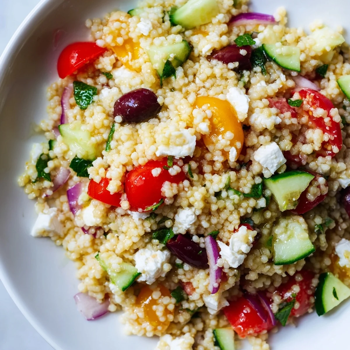Mediterranean couscous salad drizzled with hot honey lemon vinaigrette in a rustic serving bowl.