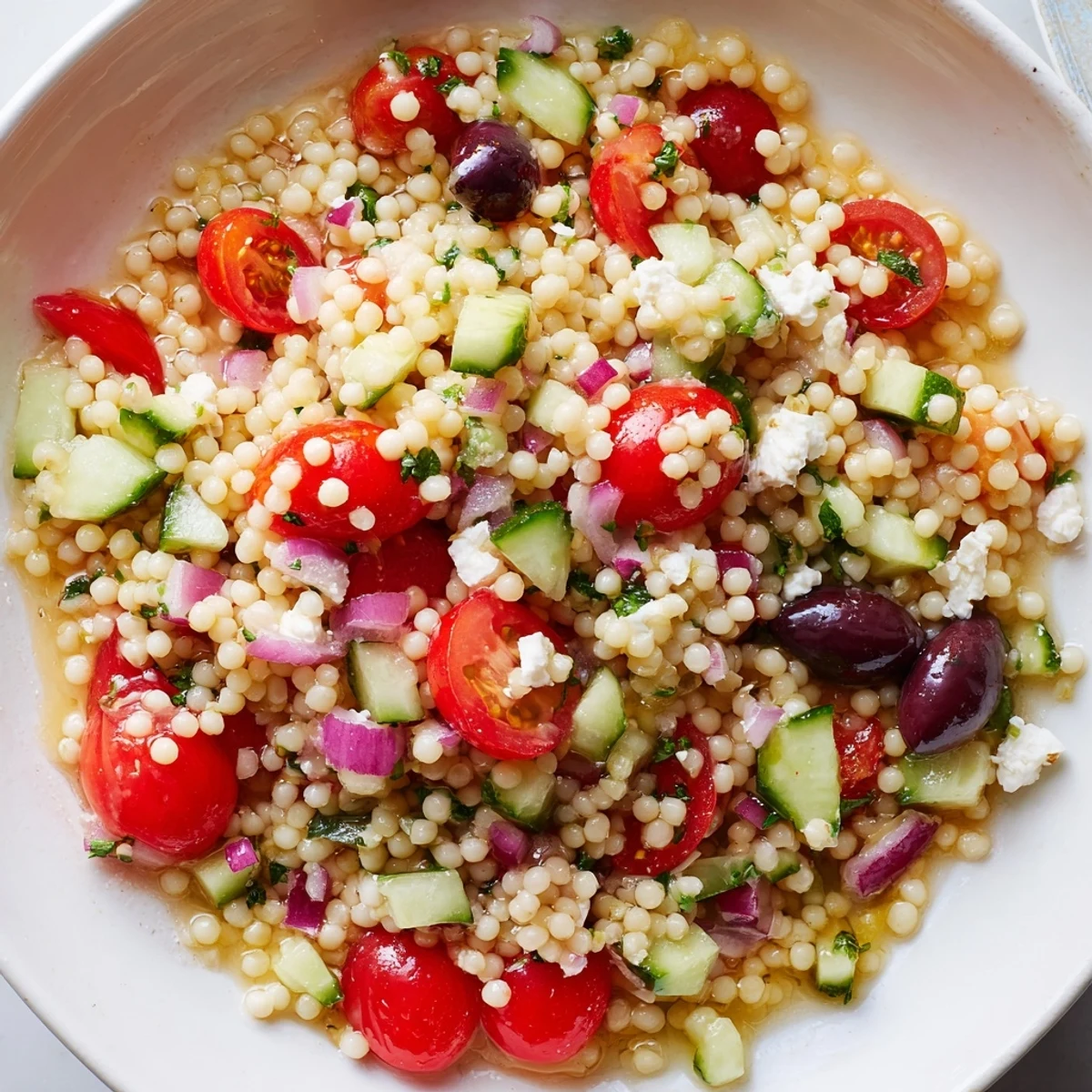 Bright Mediterranean couscous salad studded with cherry tomatoes, olives, and herb-flecked hot honey dressing.
