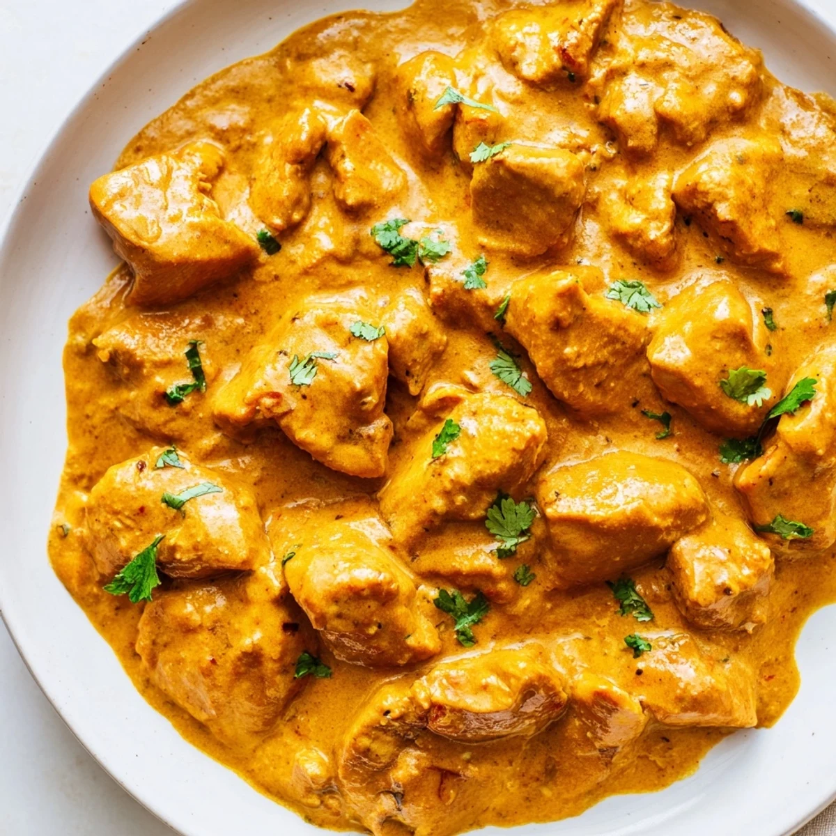 Tender Crockpot Butter Chicken served over fluffy basmati rice with cilantro