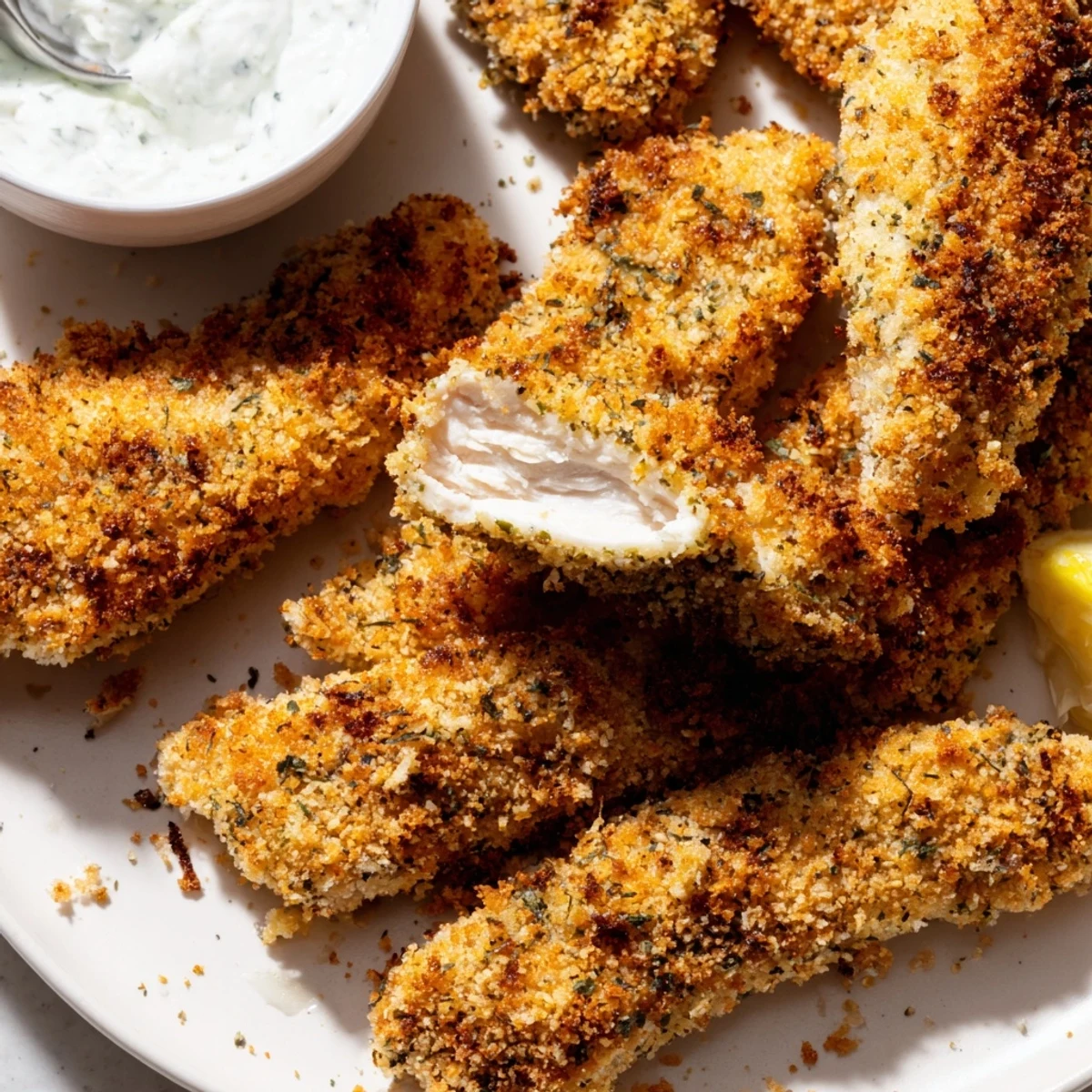 Golden crispy Greek chicken strips on a rustic platter with fresh lemon wedges and tzatziki