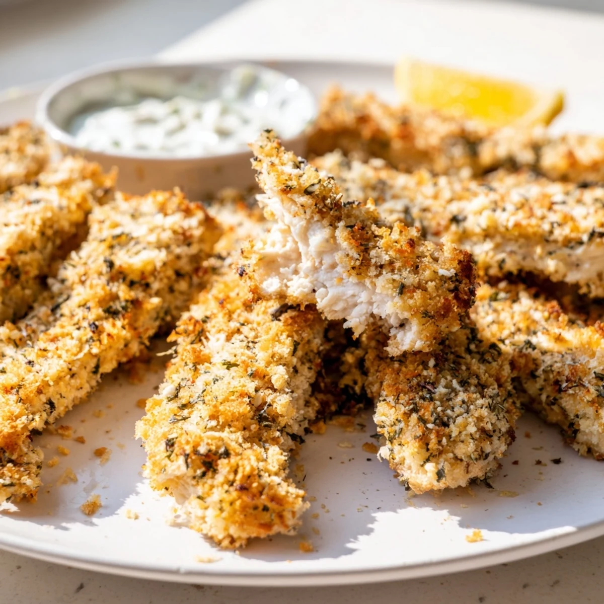Plate of crispy Greek chicken strips served alongside pita, Greek salad, and cool tzatziki sauce