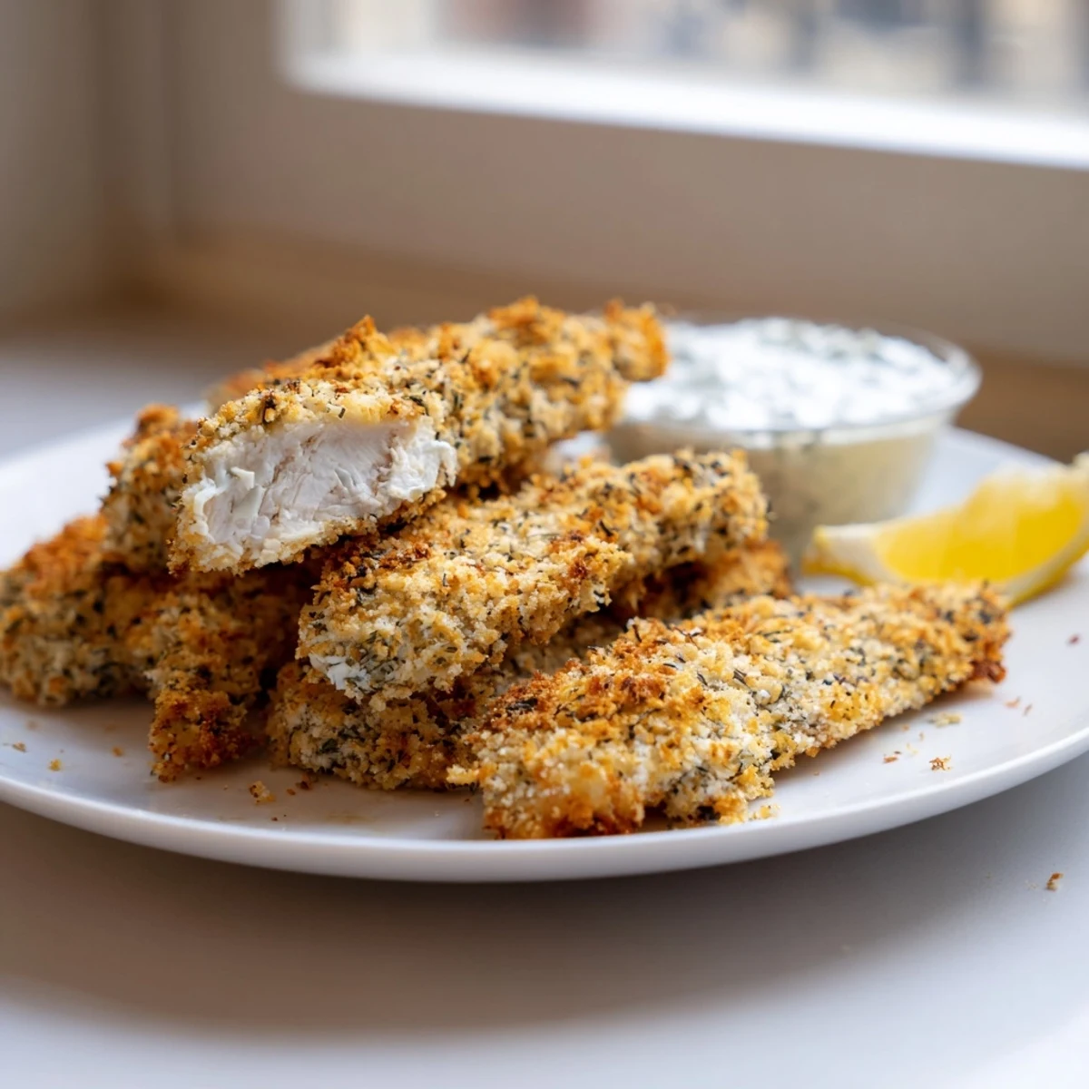 Close-up of Mediterranean herb marinated crispy Greek chicken strips with a golden panko Parmesan crust