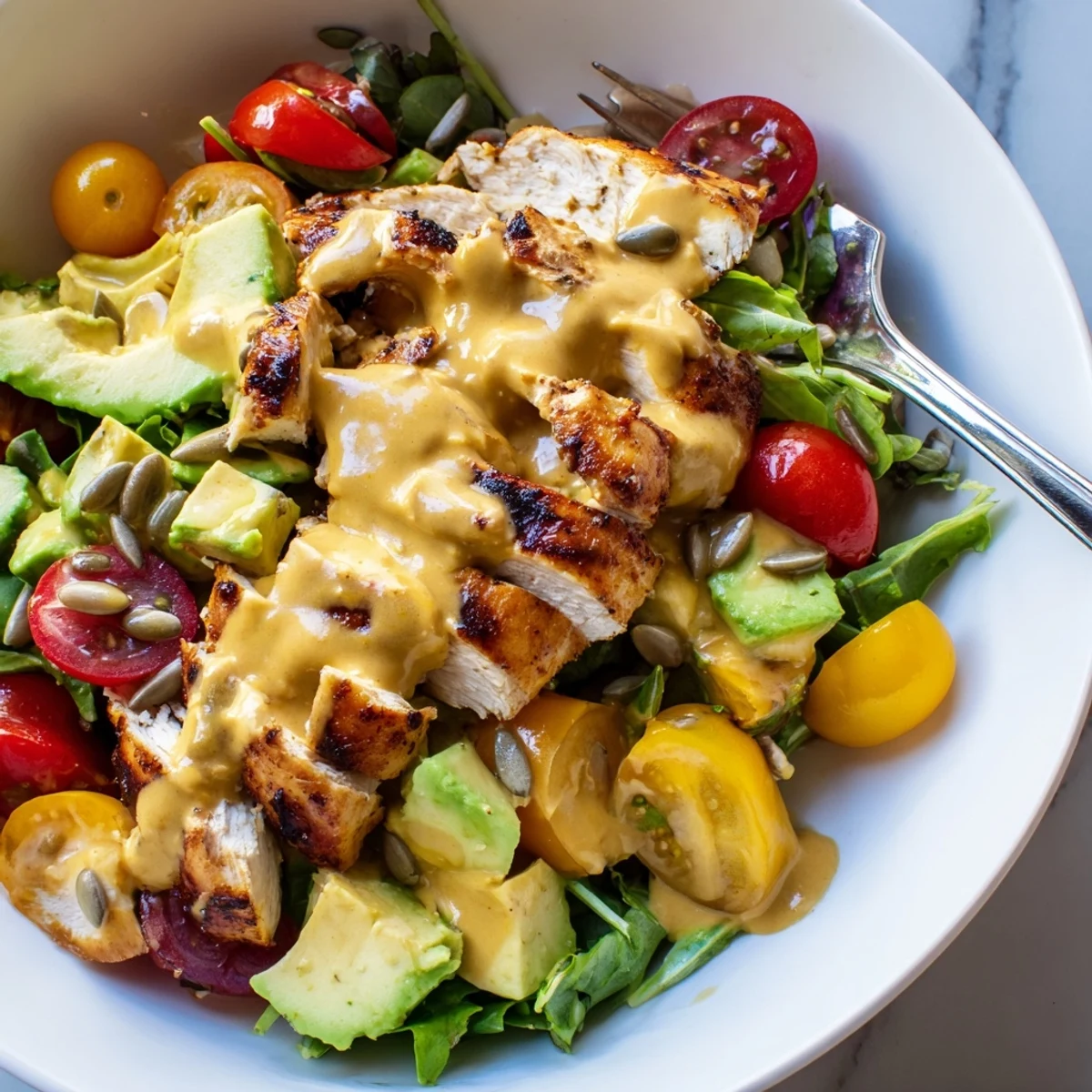 Creamy honey mustard chicken salad with ripe avocado and juicy tomatoes on fresh greens