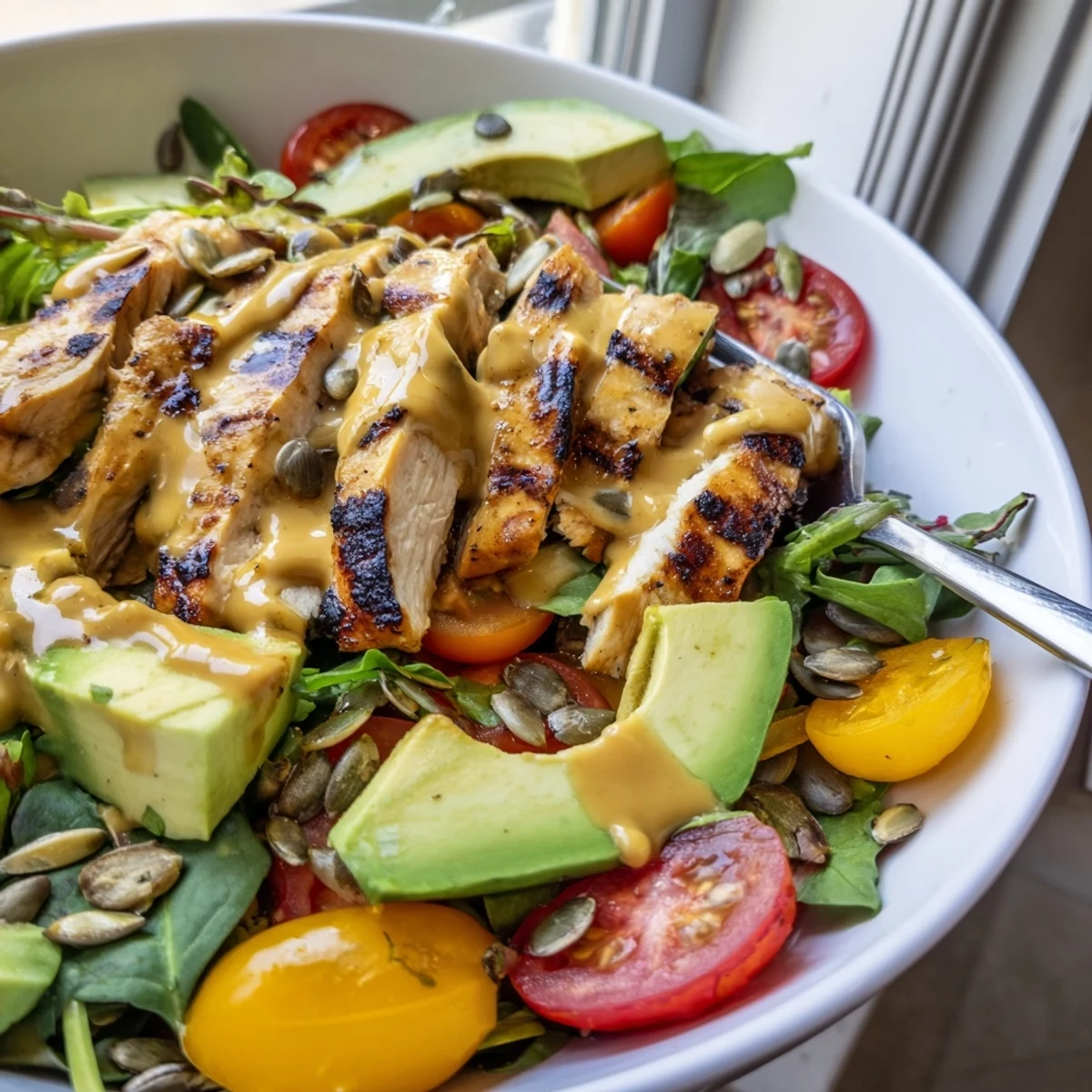 Sliced chicken breast drizzled with golden creamy honey mustard dressing over a vibrant garden salad