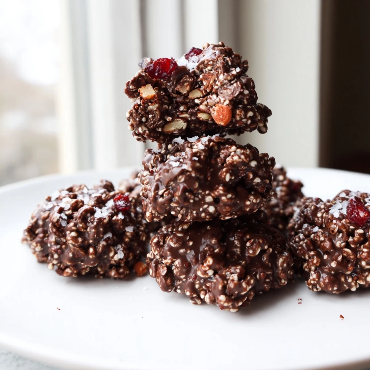 Dark chocolate quinoa crunch bites topped with flaky sea salt on rustic parchment