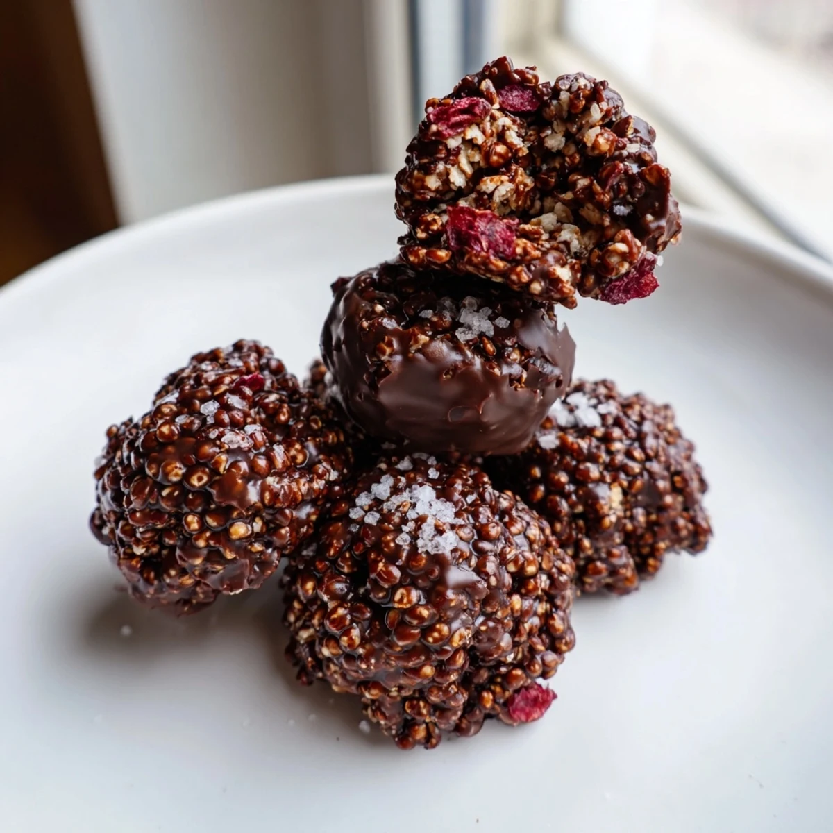 Golden oats and puffed quinoa coated in rich chocolate quinoa crunch bites mixture