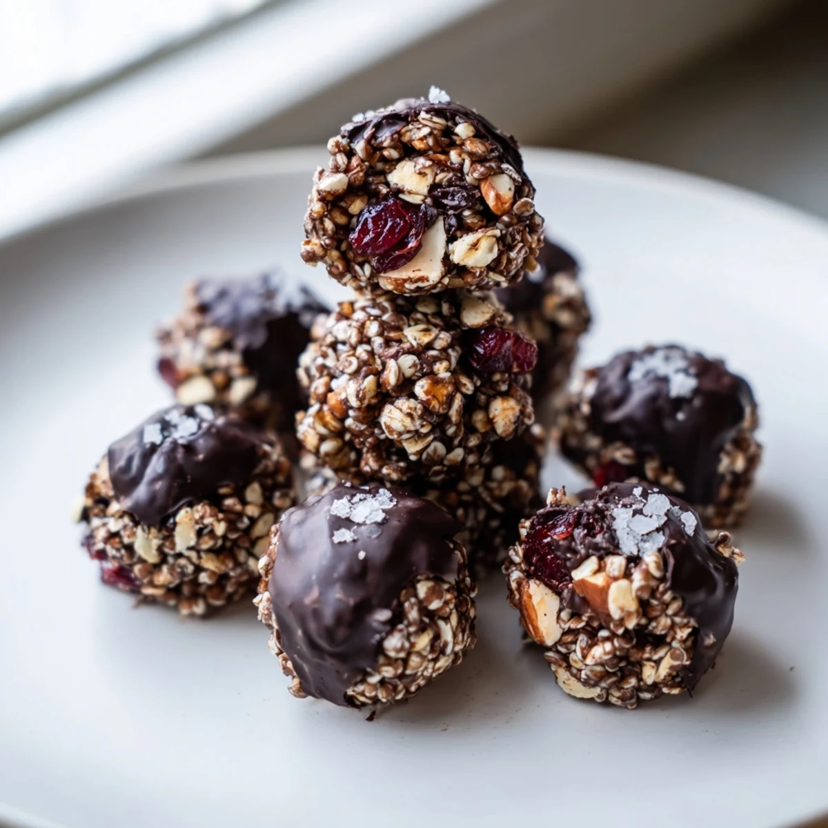 Glossy chocolate quinoa crunch bites arranged on a white ceramic serving plate