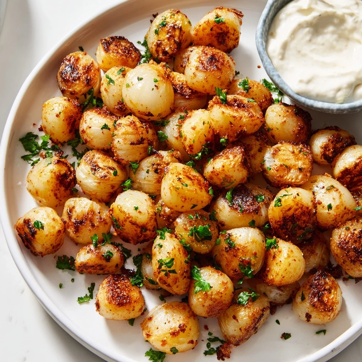 Crispy golden air fried pearl onions glistening with olive oil in a rustic bowl