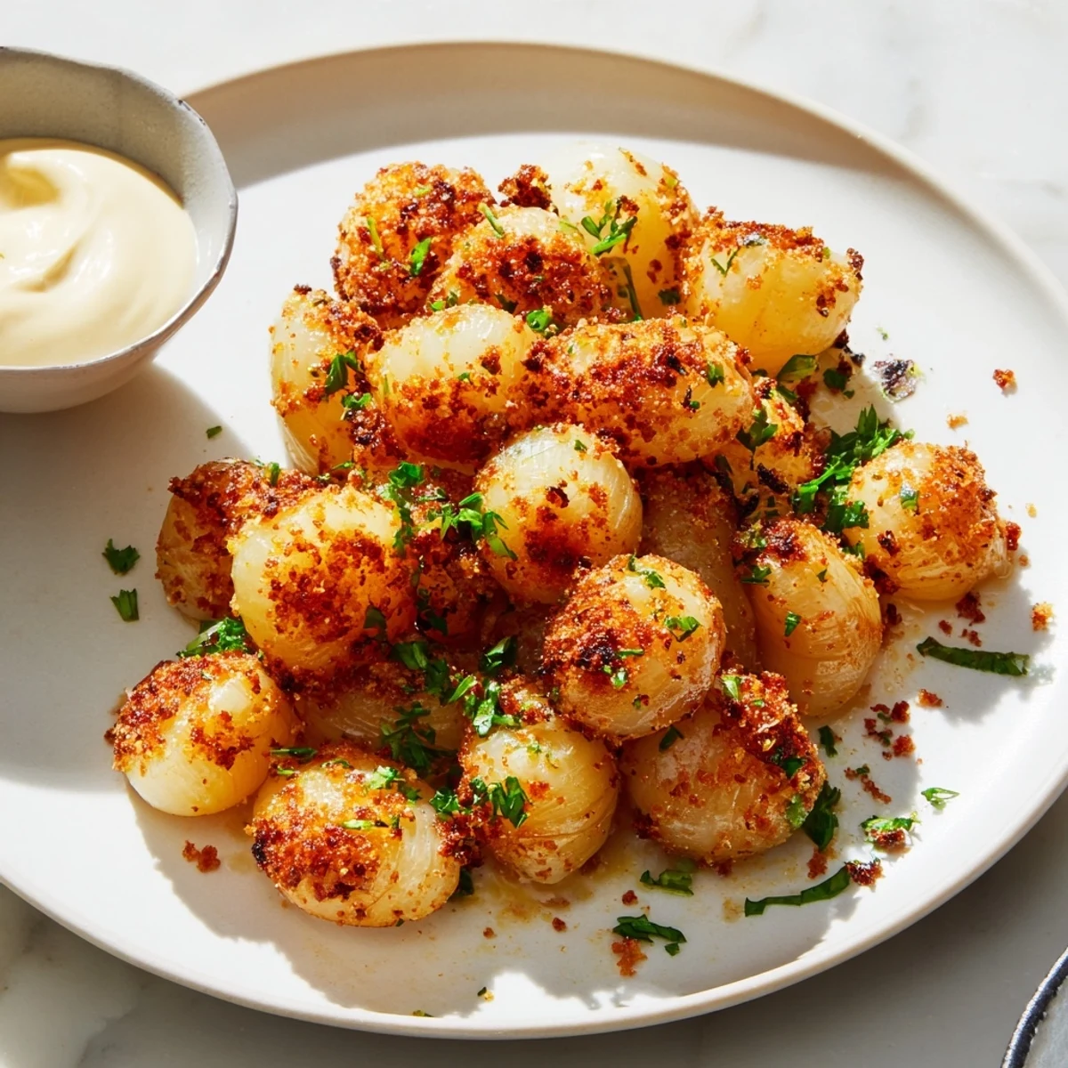 Air fried pearl onions roasted until caramelized and tender on a white plate