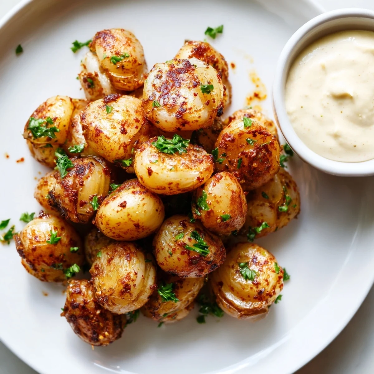 Smoky air fried pearl onions piled high and garnished with fresh green herbs