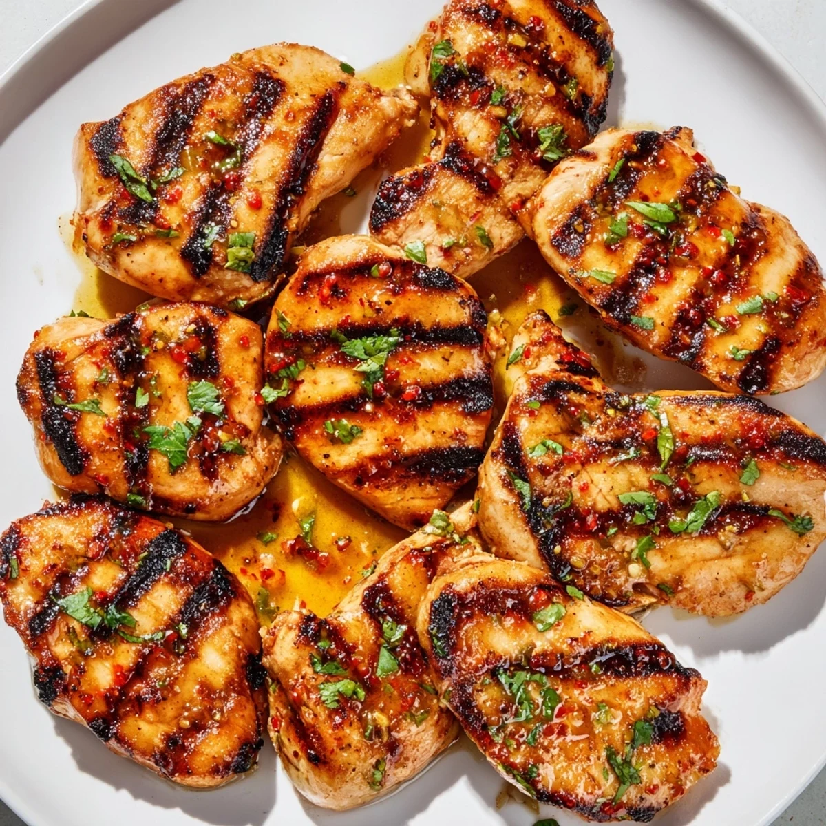 Golden grilled honey lime chicken with charred edges and fresh cilantro garnish on a white plate