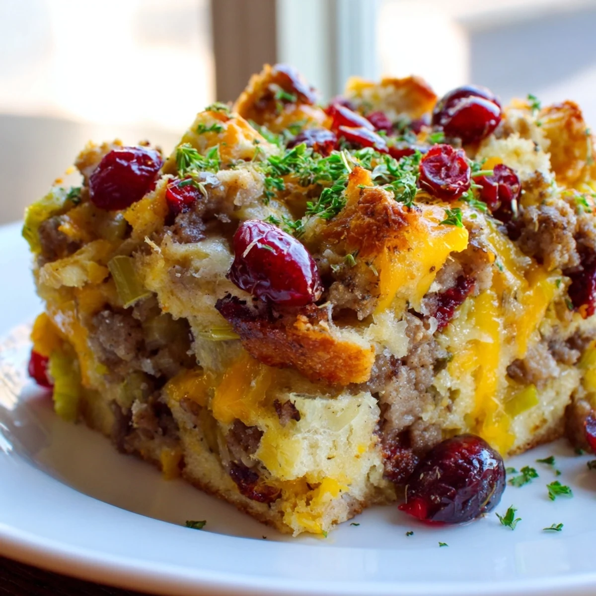 Golden cranberry sausage stuffing breakfast casserole fresh from the oven with bubbly melted cheddar on top