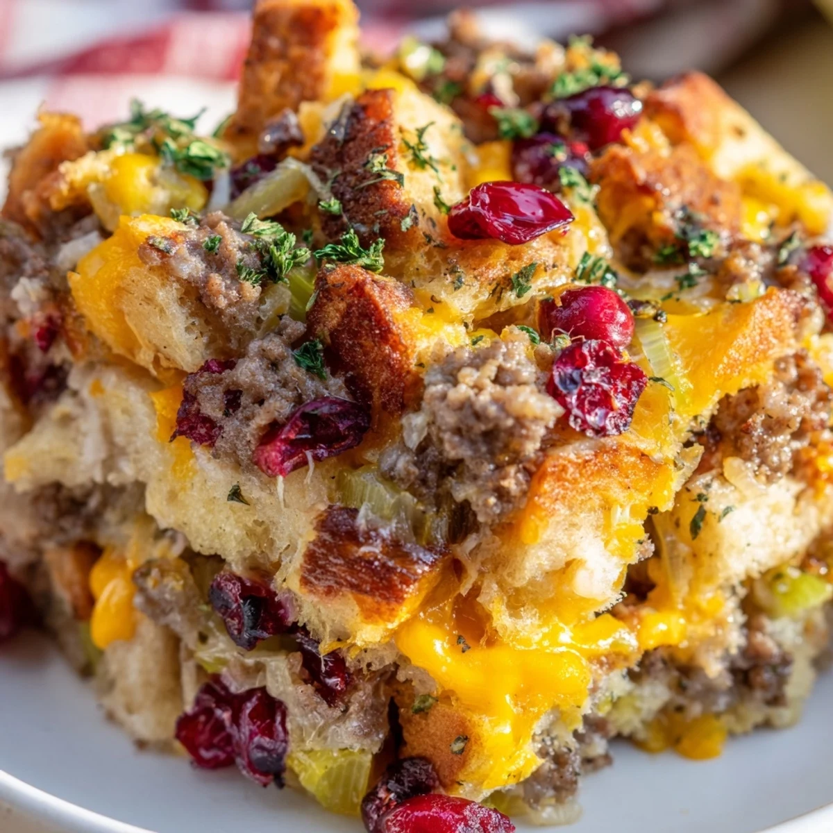 Savory cranberry sausage stuffing breakfast casserole topped with fresh parsley and served in a rustic baking dish