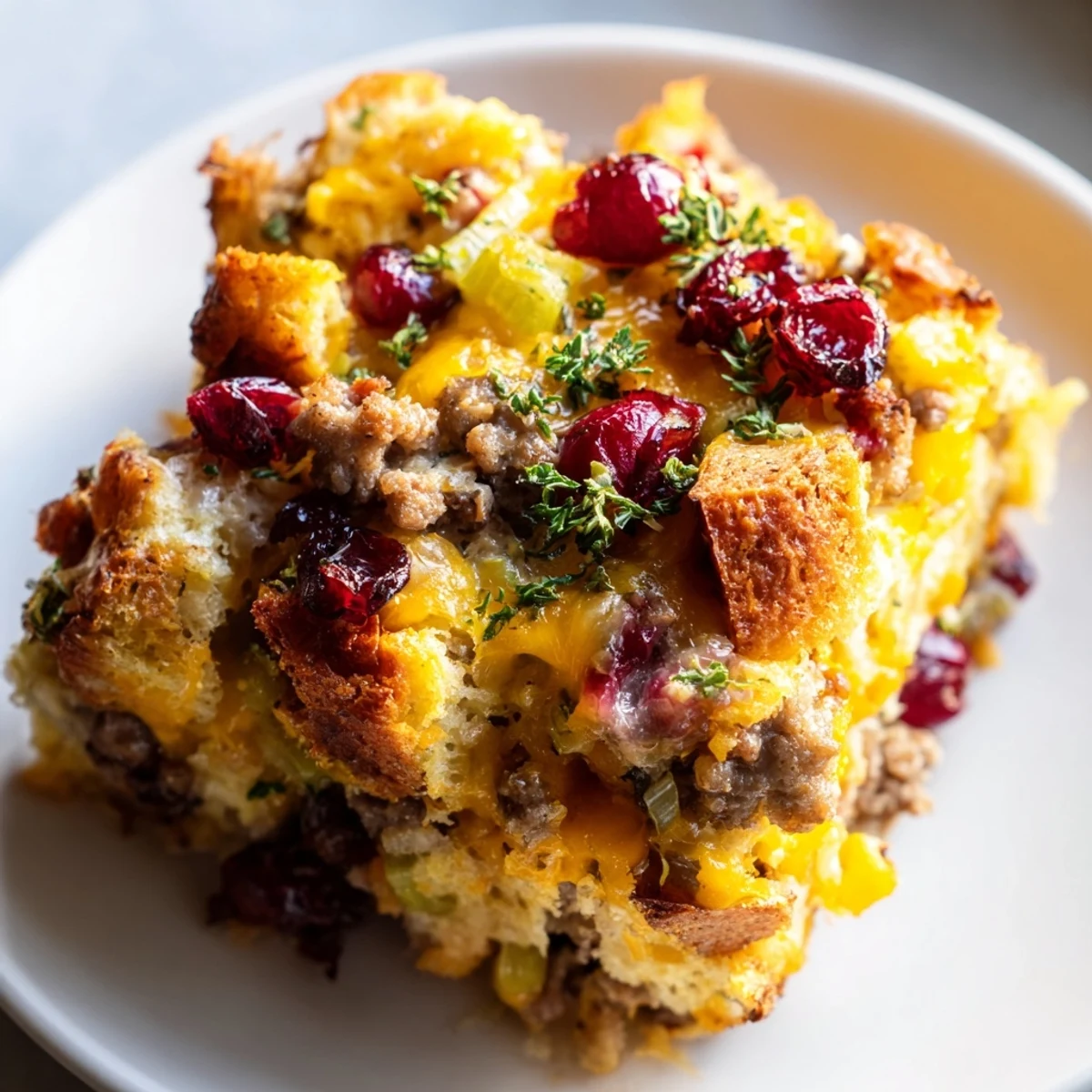 Creamy cranberry sausage stuffing breakfast casserole sliced into golden squares alongside tart cranberries and crumbled sausage