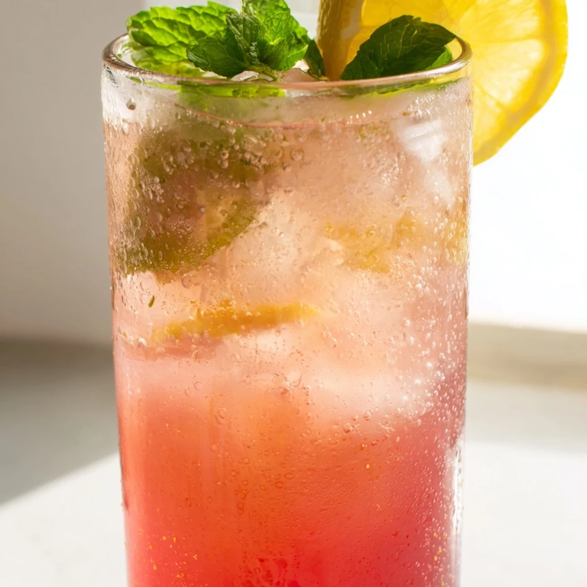 Sparkling honey lemon pink soda served over ice with fresh mint garnish