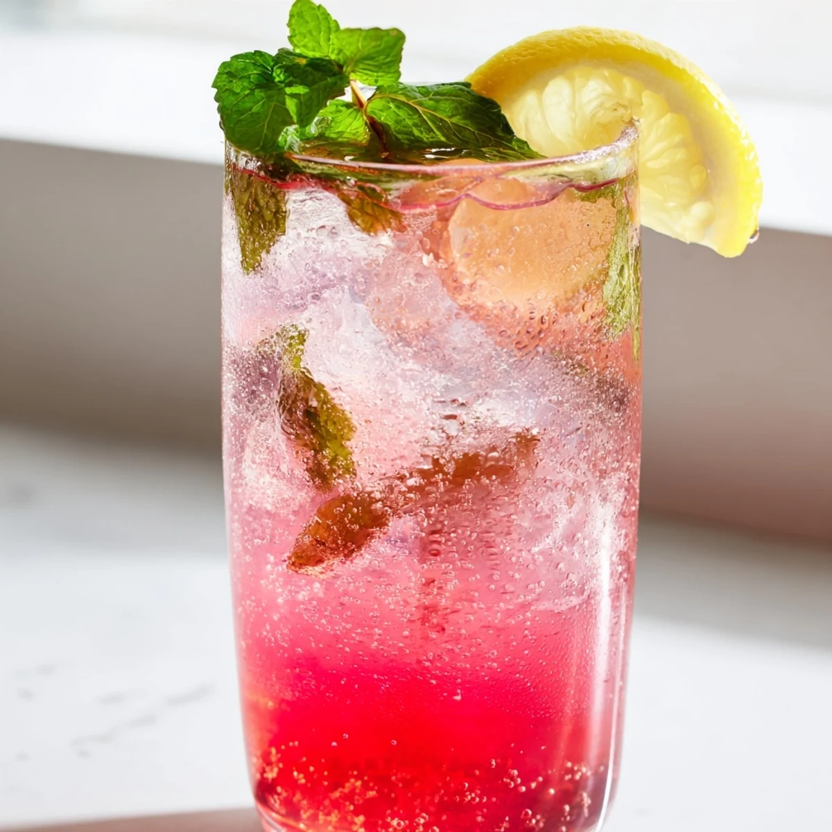 Bubbly honey lemon pink soda in a tall glass with lemon slices and raspberries