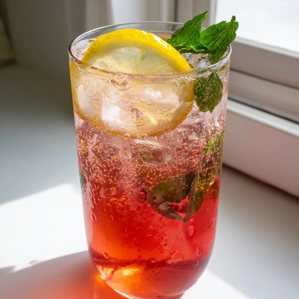 Refreshing honey lemon pink soda topped with sparkling water, ice, and mint leaves