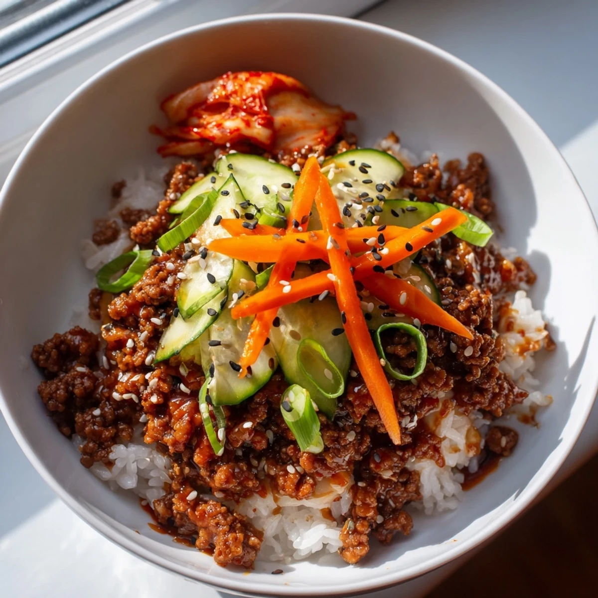 A Korean ground beef bowl with sesame seeds, green onions, and steamed jasmine rice